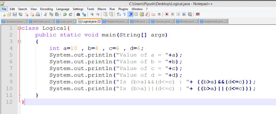 This image describes a sample program of logical operators in java.